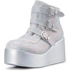 Women Silver Rhinestone Polyurethane Rave Buckle Thick Sole Zipper Ankle Boots